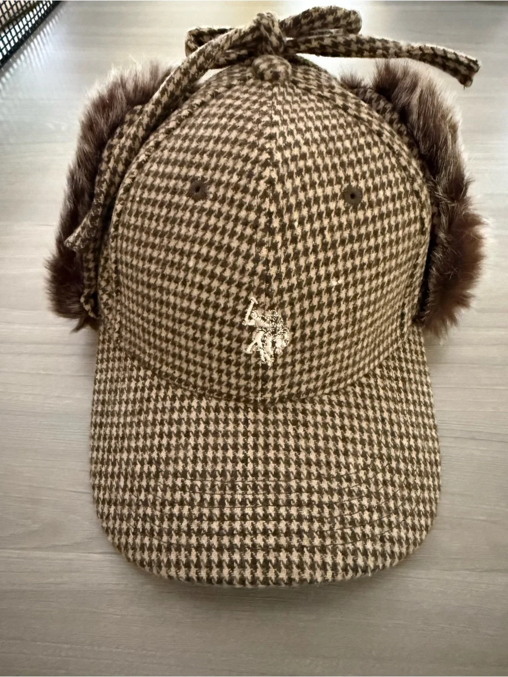 NWT U.S. Polo Assn Houndstooth Faux Fur Trapper Ear Flap Hat